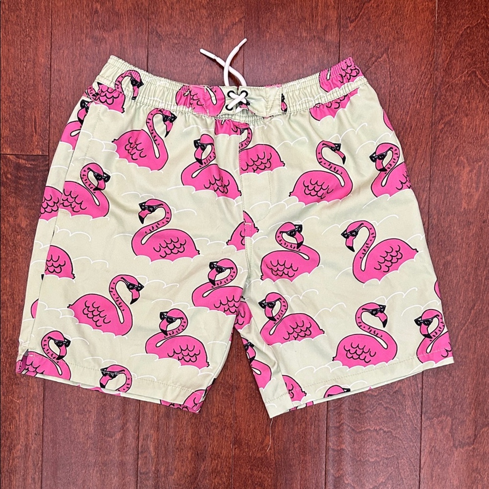 Sovereign Code Boys Green Swim Shorts With Pink Flamingo, Size L 14-16